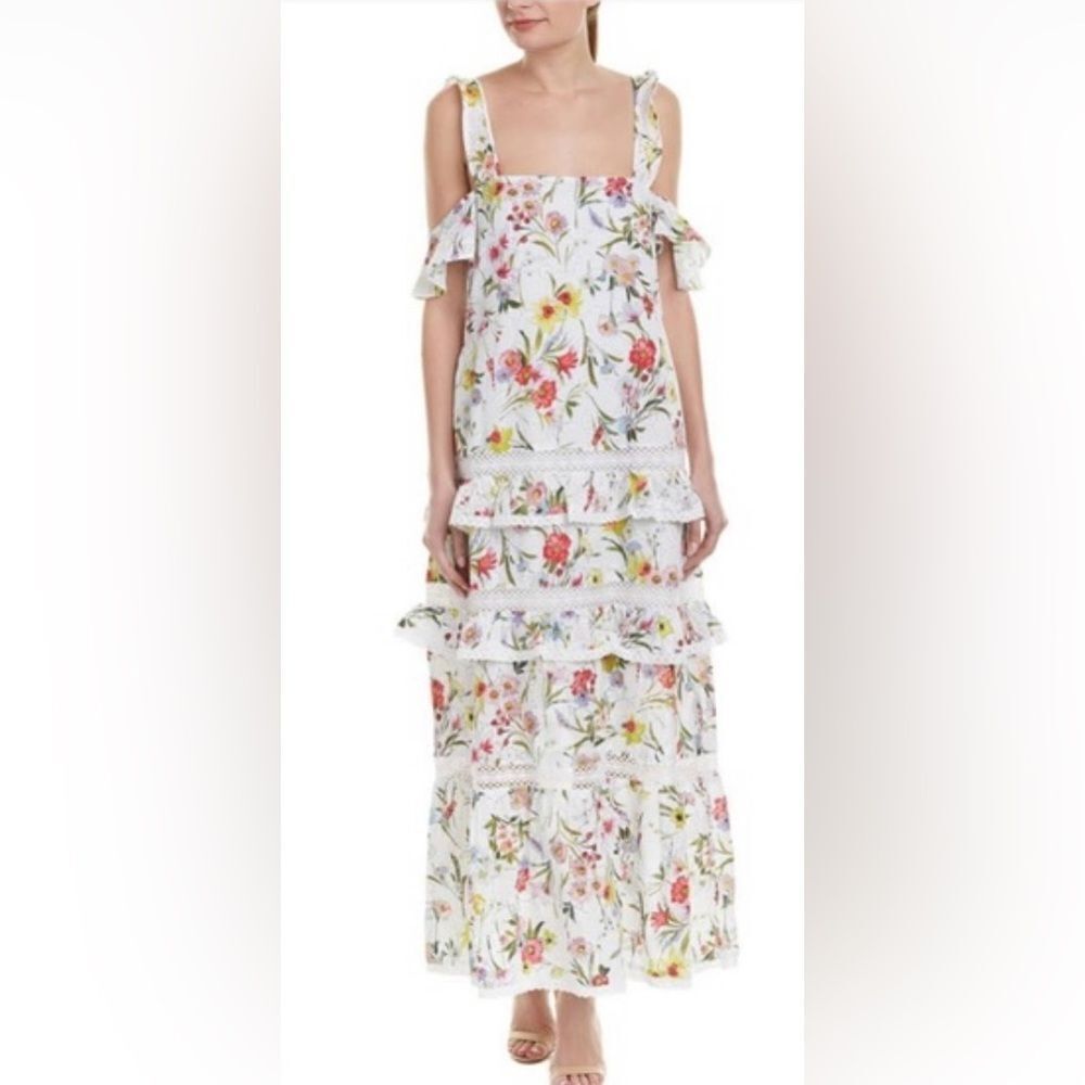 Nicholas eyelet floral print ruffle maxi dress, US4